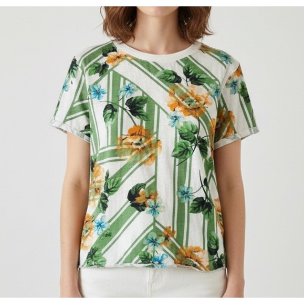 MAEVE Anthropologie COTTON T-SHIRT TOP TEE White Green Orange Floral Stripes M